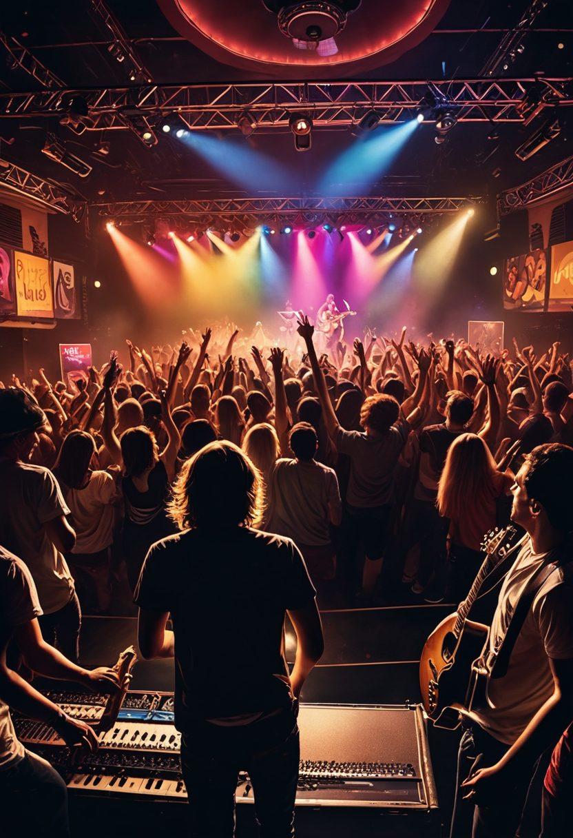 A vibrant scene showcasing a diverse crowd of enthusiastic music fans experiencing an intimate backstage moment with their favorite band. Colorful stage lights create an electrifying atmosphere, while the band members engage with fans, sharing smiles and excitement. Include elements like musical instruments, fan merchandise, and iconic visuals of the music industry in the background. super-realistic. vibrant colors. concert setting.