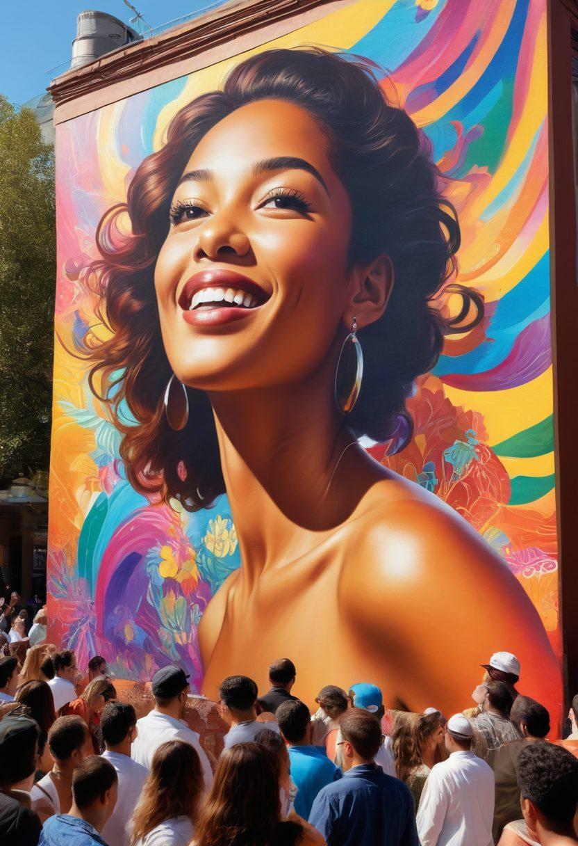 A vibrant community gathering with fans and artists interacting, showcasing a mural of collaborative art in the background. The scene is filled with diverse individuals engaged in creative discussions, laughter, and artistic expression, emphasizing the connection between artists and their audience. Include colorful banners promoting art and creativity, with a warm, inviting atmosphere. super-realistic. vibrant colors. outdoor setting.