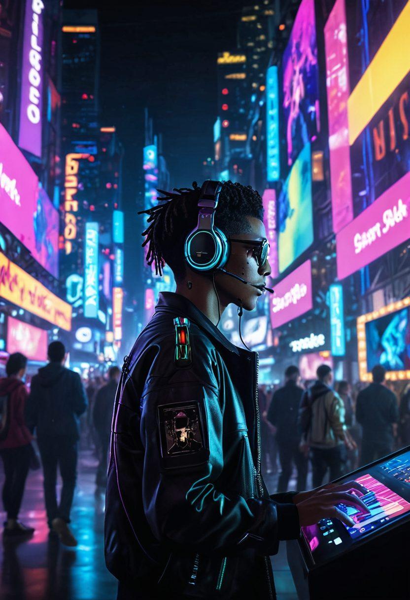 A vibrant crowd at a live music event, illuminated by colorful stage lights, capturing fans immersed in interactive experiences like augmented reality and holograms. Musicians are engaging with the audience through innovative technology, creating a lively and dynamic atmosphere. The scene reflects excitement, unity, and the evolution of music appreciation. cyberpunk. vibrant colors. super-realistic.